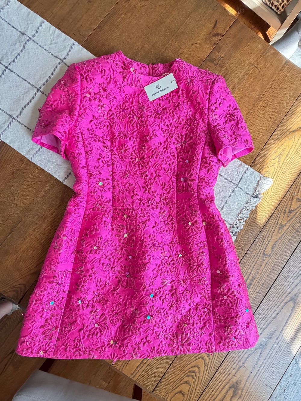 Sierra Darien Hot Pink Floral Jacquard Beaded Mini Dress Large